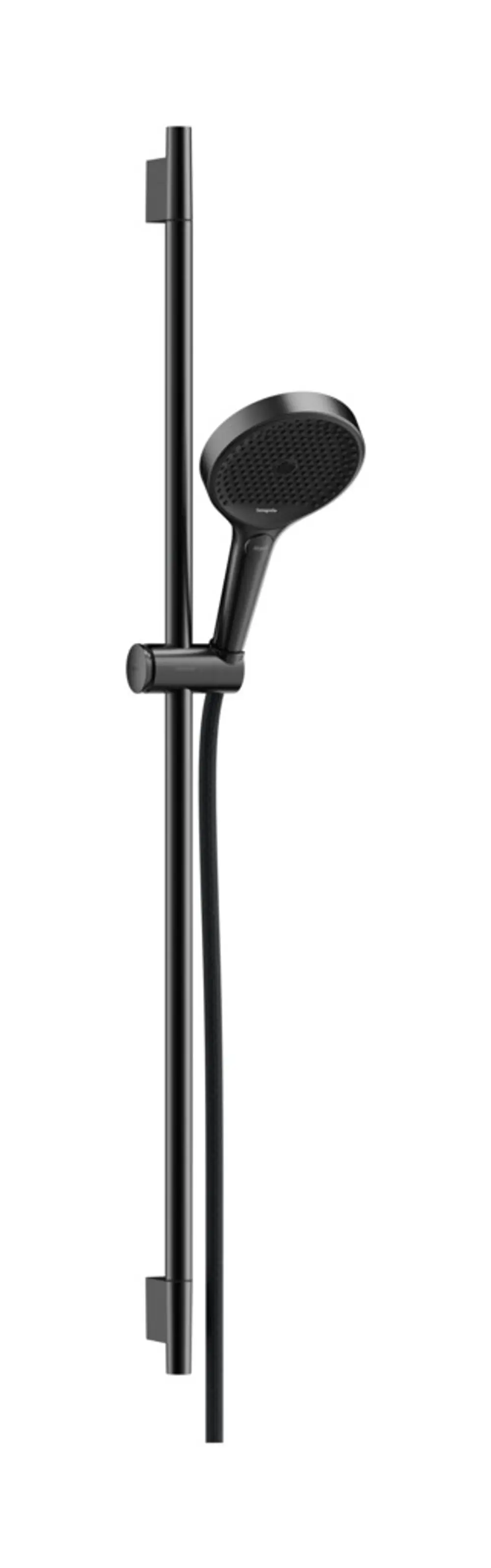 Schwarze Hansgrohe Brause mit Halterung und Schlauch, montiert an einer senkrechten Stange. Handbrause mit runder Kopf und integriertem Schlauch.